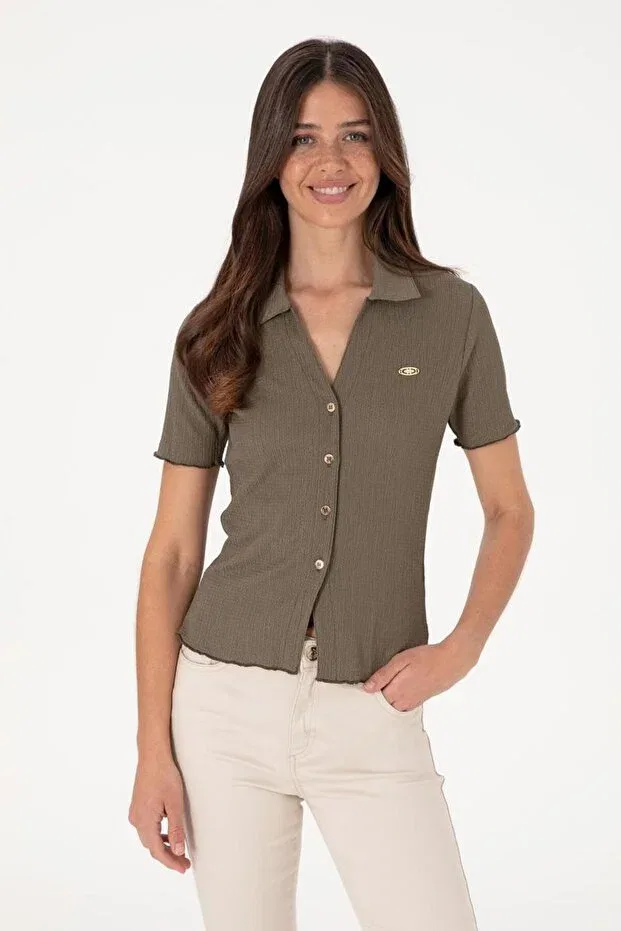 Женская хлопковая рубашка с коротким рукавом U.S. Polo Assn., Taupe — фото 3