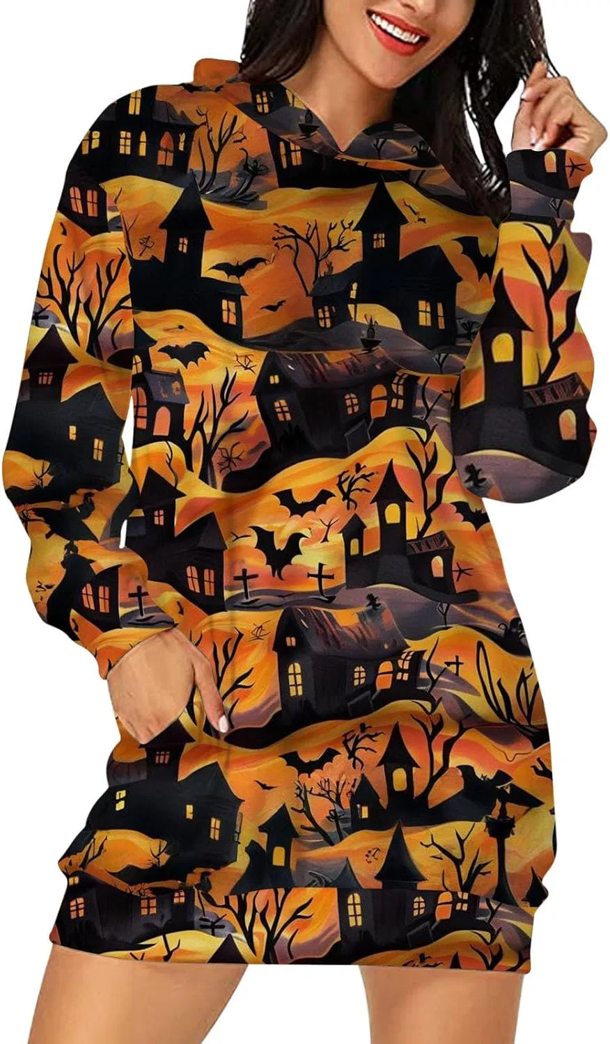 Женское платье-худи с принтом, Halloween Ghost, чёрный — фото 4