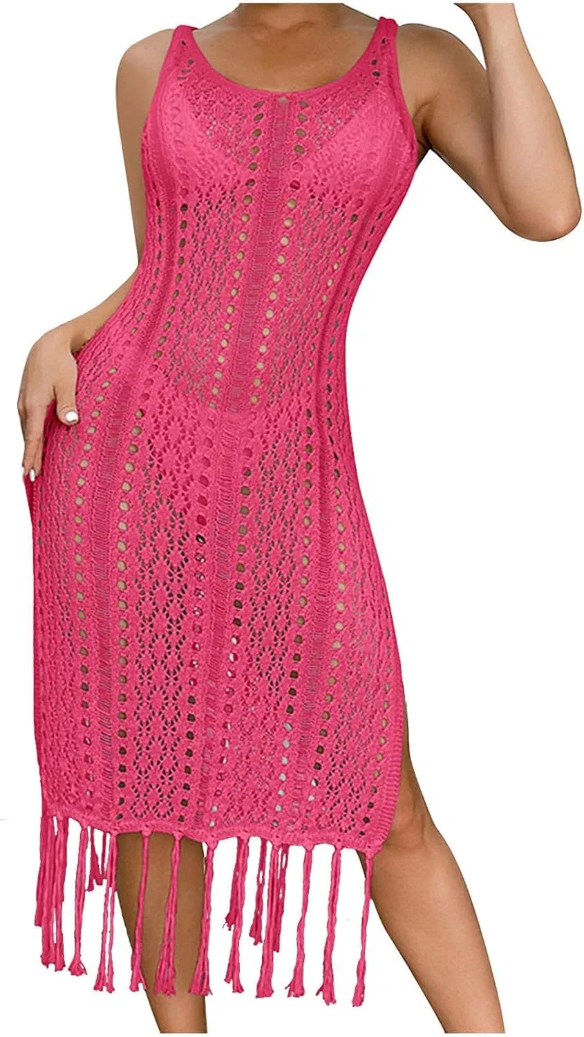 Женское пляжное платье-накидка с бахромой, Hot Pink