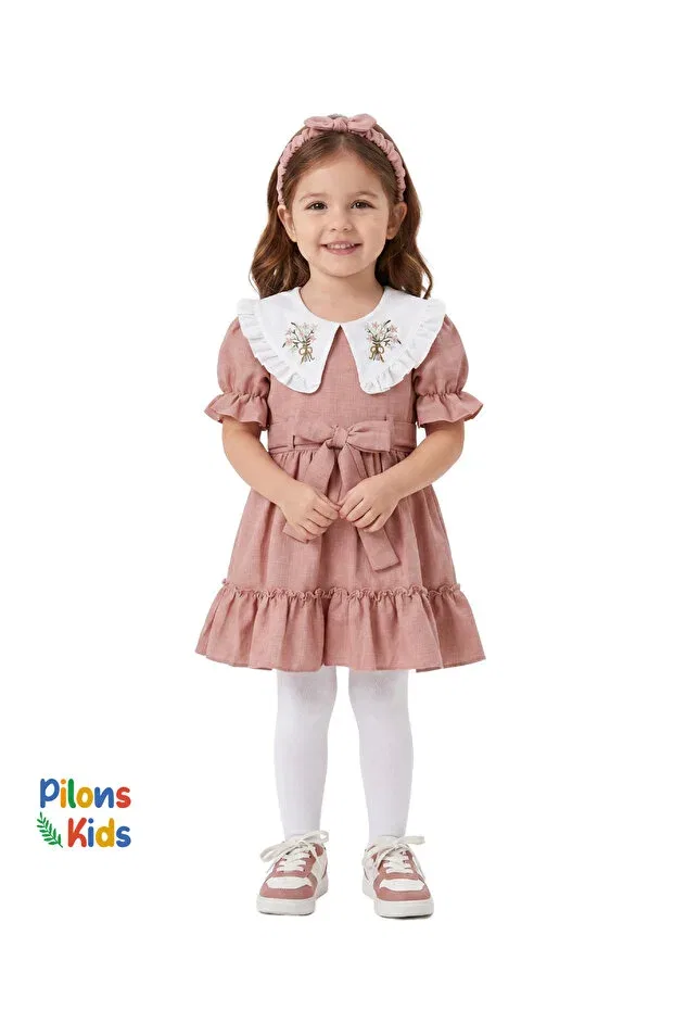Детское платье для девочек с принтом Vintage collared girls' pink dress with belt and headband set - floral embroidered Pilons Kids, Pink