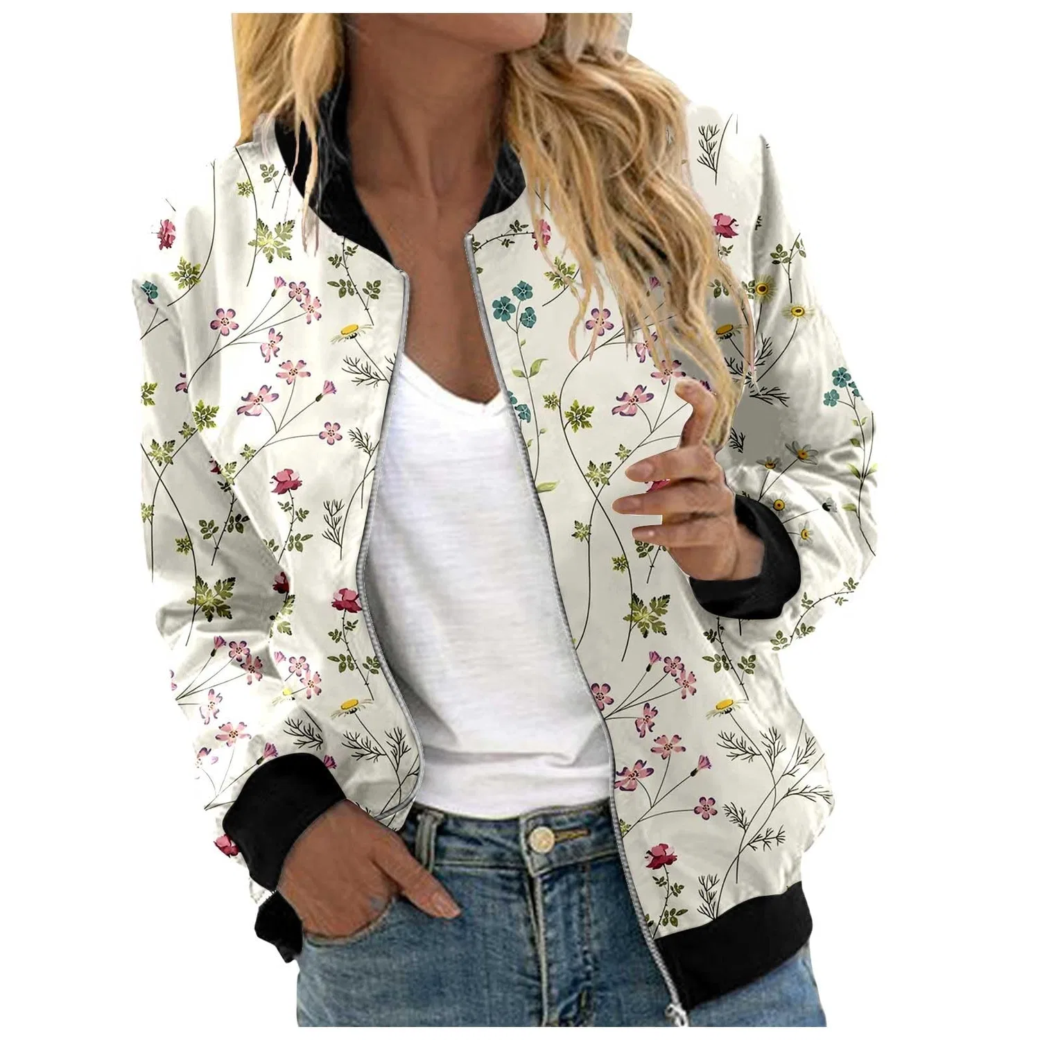 Женская куртка-бомбер с принтом Floreale Bomber, с длинным рукавом, Beige