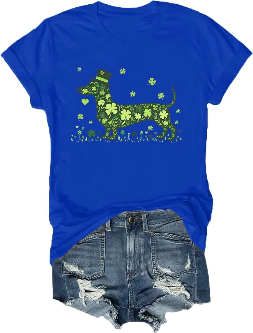 Футболка с принтом таксы St. Patrick's Day, Sapphire Blue