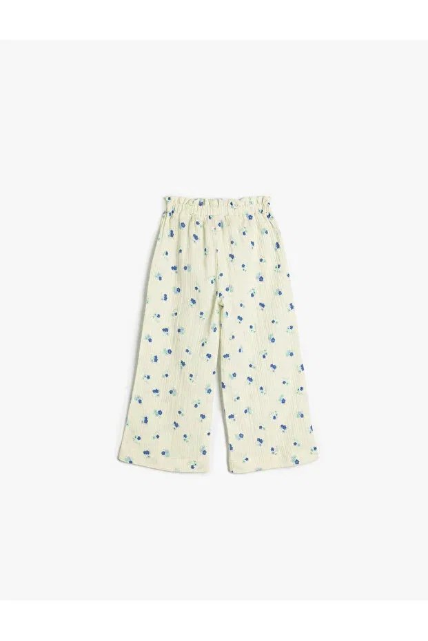 Детские брюки для девочек с принтом Floral Trousers Wide Leg Elastic Waist Cotton Koton, Blue Patterned — фото 2