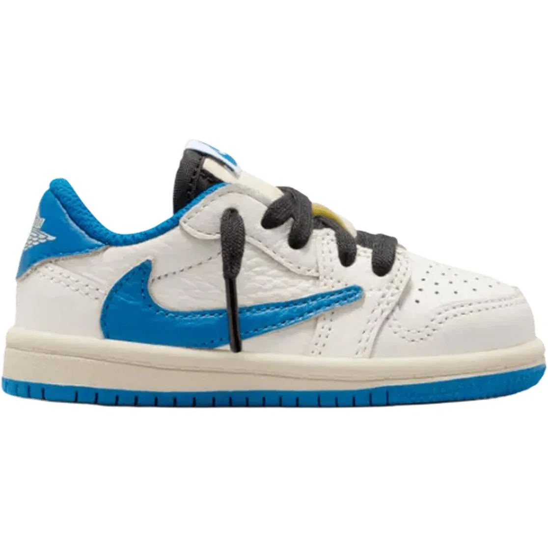 Детские кроссовки для мальчиков кожаные Travis Scott X Fragment Design x Jordan Air Jordan 1 Low Top, White Blue — фото 3