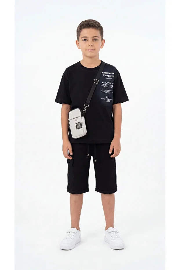 Детский комплект для мальчиков с принтом Handsom Naughty Printed Baggy T-Shirt And Shorts Set Mışıl Kids, Black