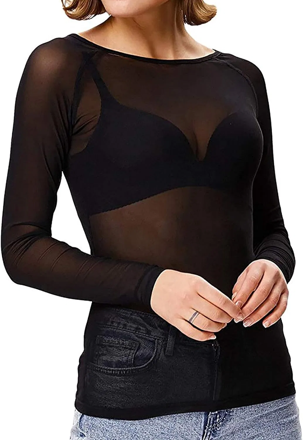 Женская полупрозрачная футболка с длинным рукавом Mesh, Black — фото 4