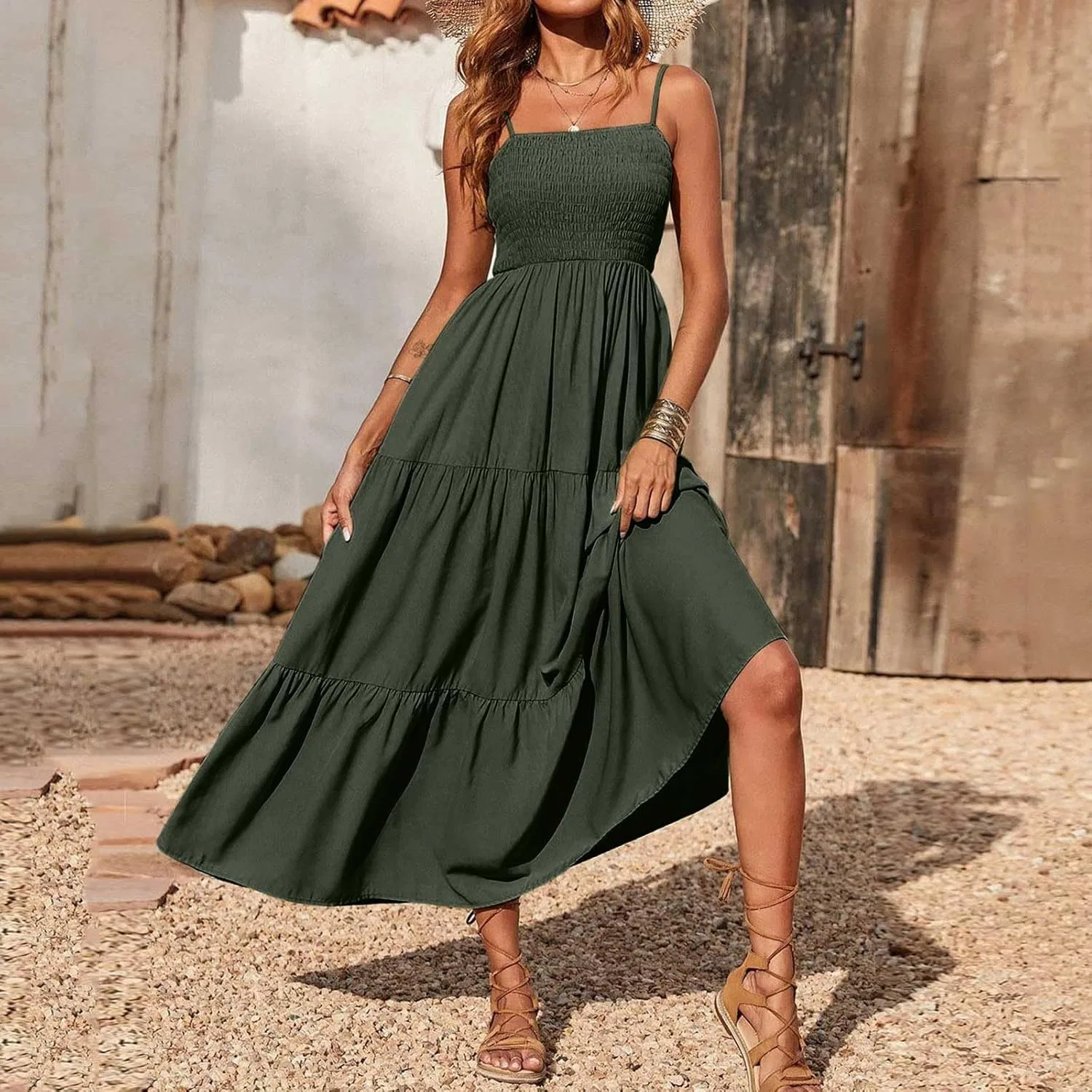 Женское пляжное платье на бретелях Womens Bohemian Dresses, Army Green — фото 2