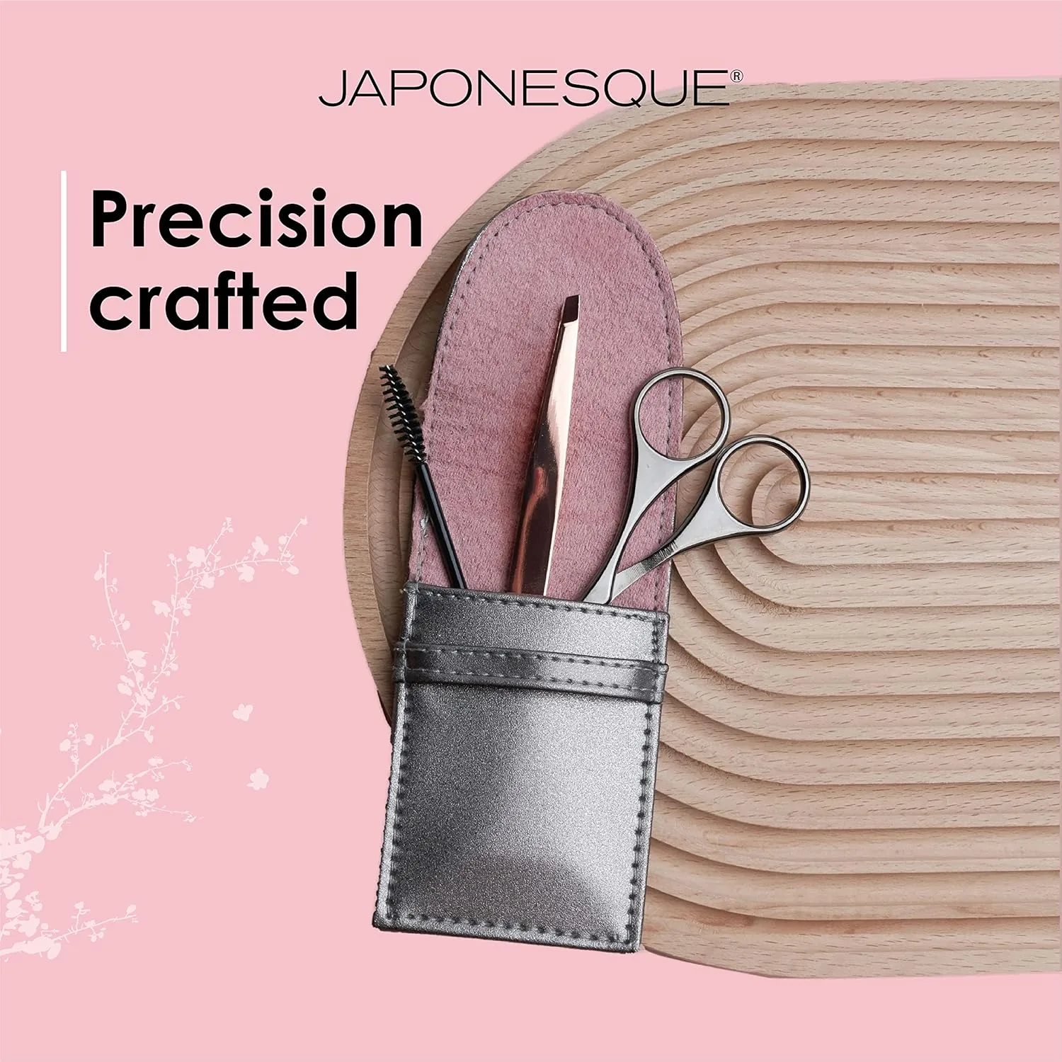 Набор для бровей JAPONESQUE Luxe Brow Kit, пинцет с косым срезом цвета розового золота, косметические ножницы, щеточка для бровей., black / copper — фото 2