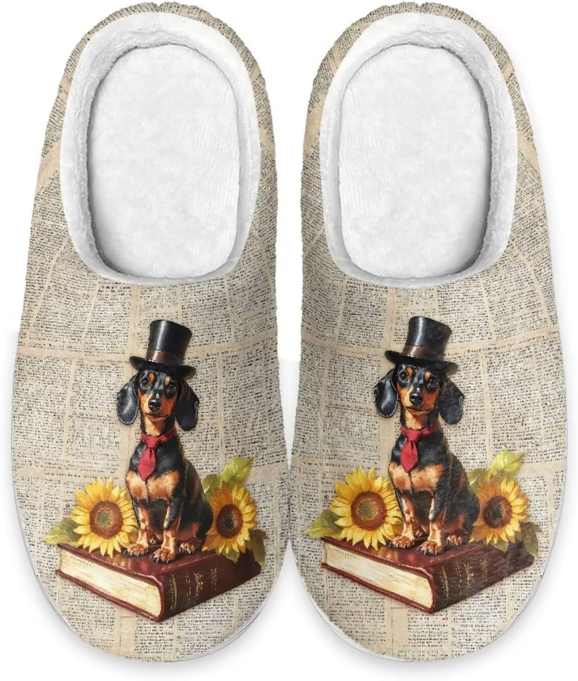 

Xoenoiee Мужские и женские теплые пушистые тапочки для спальни, домашние тапочки, противоскользящие зимние домашние тапочки, Dachshund Dog Sunflower Book