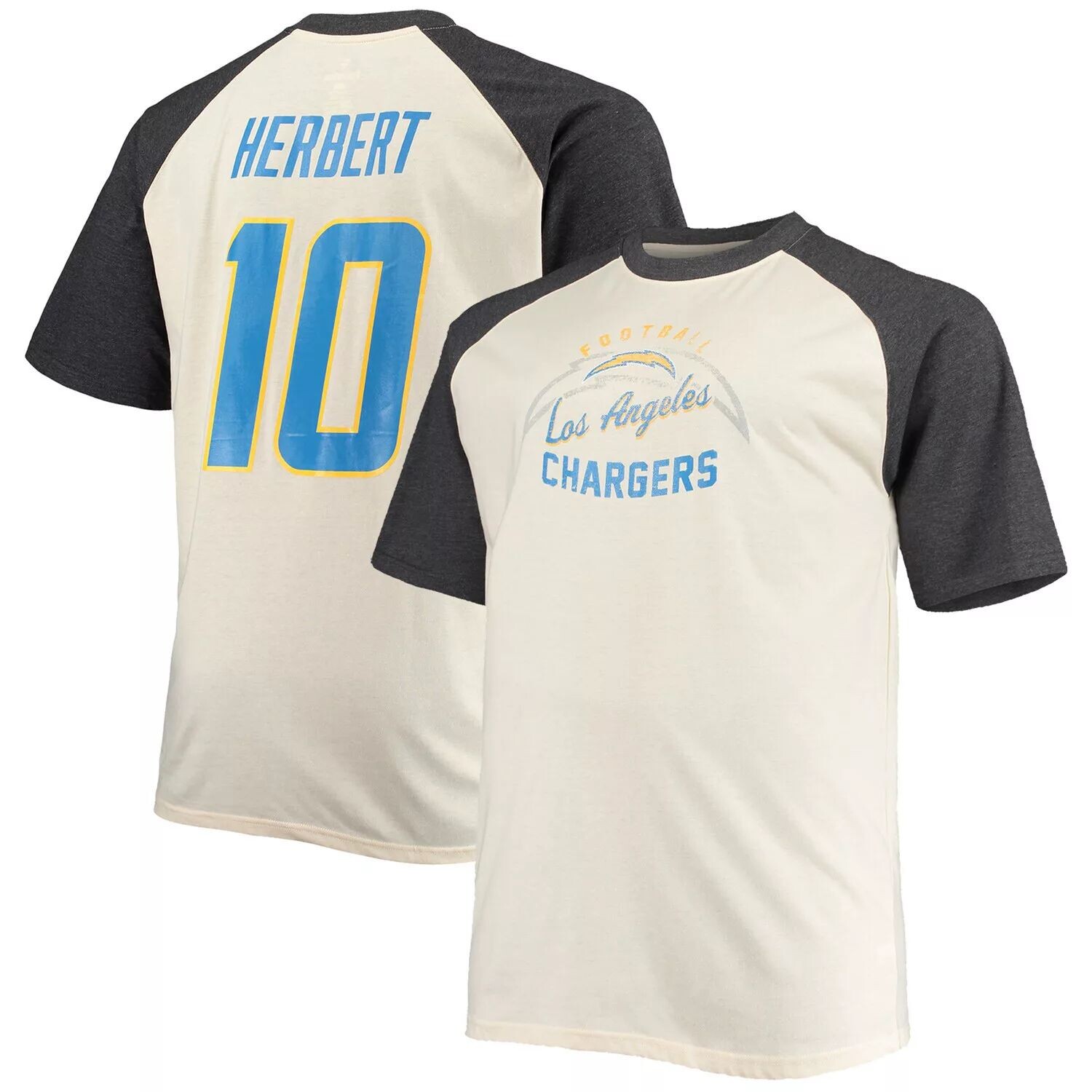 

Мужская футболка Justin Herbert Oatmeal Los Angeles Chargers Big & Tall с именем и номером игрока реглан