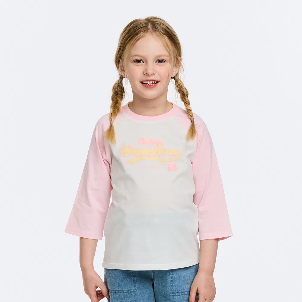 Детская футболка реглан с контрастными вставками, розовая, от Benetton Kids