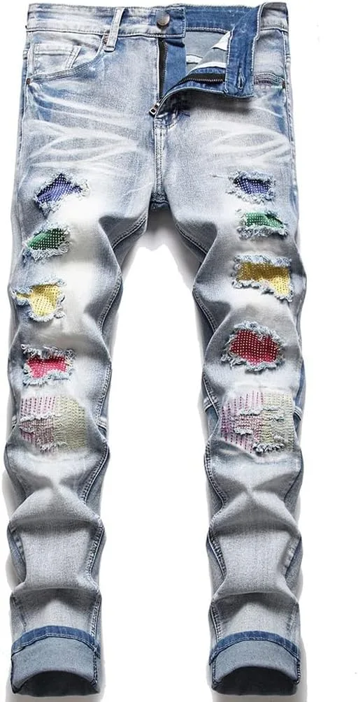 

Мужские джинсы Crystal Stretch Denim с рваными деталями и цветными заплатками SIDUFHAOPKLL