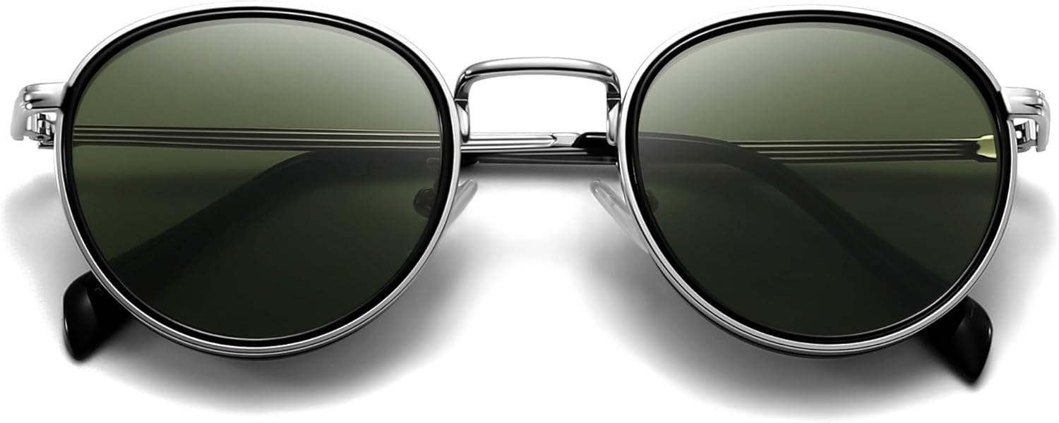 

Круглые солнцезащитные очки для женщин и мужчин в стиле ретро, ​​идеально подходят для вождения, пляжа и кемпинга, с защитой от УФ-излучения UV400 Thryvox, Silver Frame Dark Green Lens