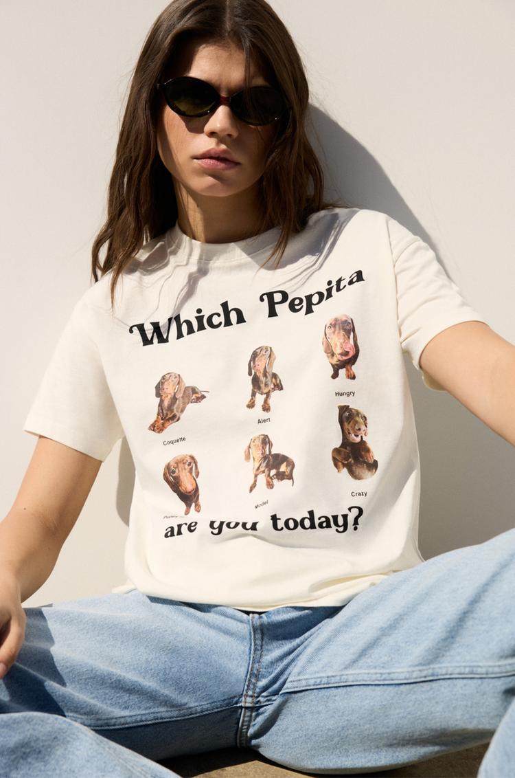 

Футболка с изображением собаки Pull And Bear, экрю