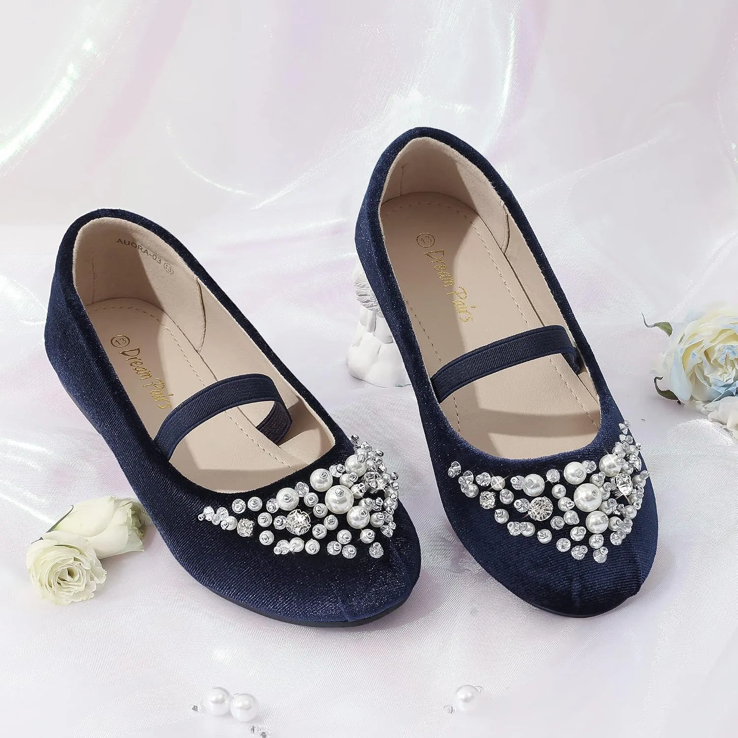 Детские балетки для девочек с цветочным принтом Mary Jane DREAM PAIRS, Navy/Suede — фото 3