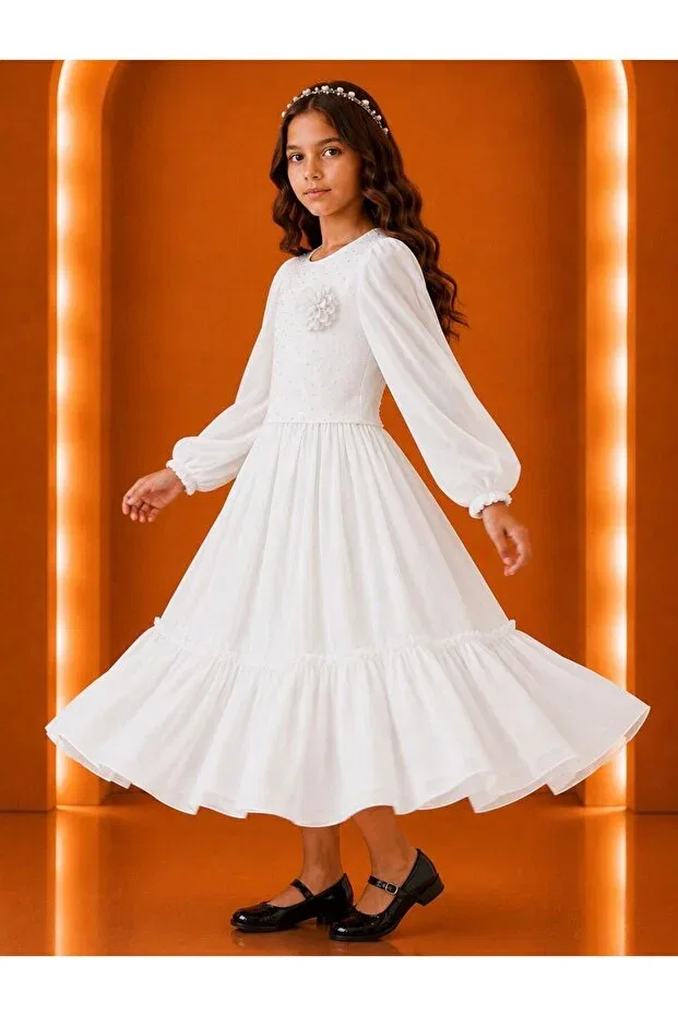 Детское платье для девочек с длинным рукавом Esmagül Kids, White