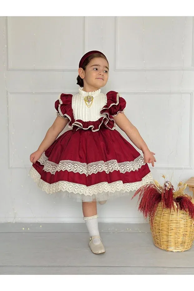 Детское платье для девочек кружевное Zebrina burgundy vintage baby girl dress Hly Karol Tasarım, Burgundy