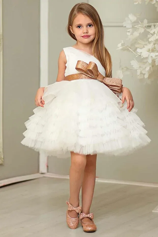 Детское платье для девочек с пайетками Girl'S glittery bow detailed layered tulle white evening dress Riccotarz, White
