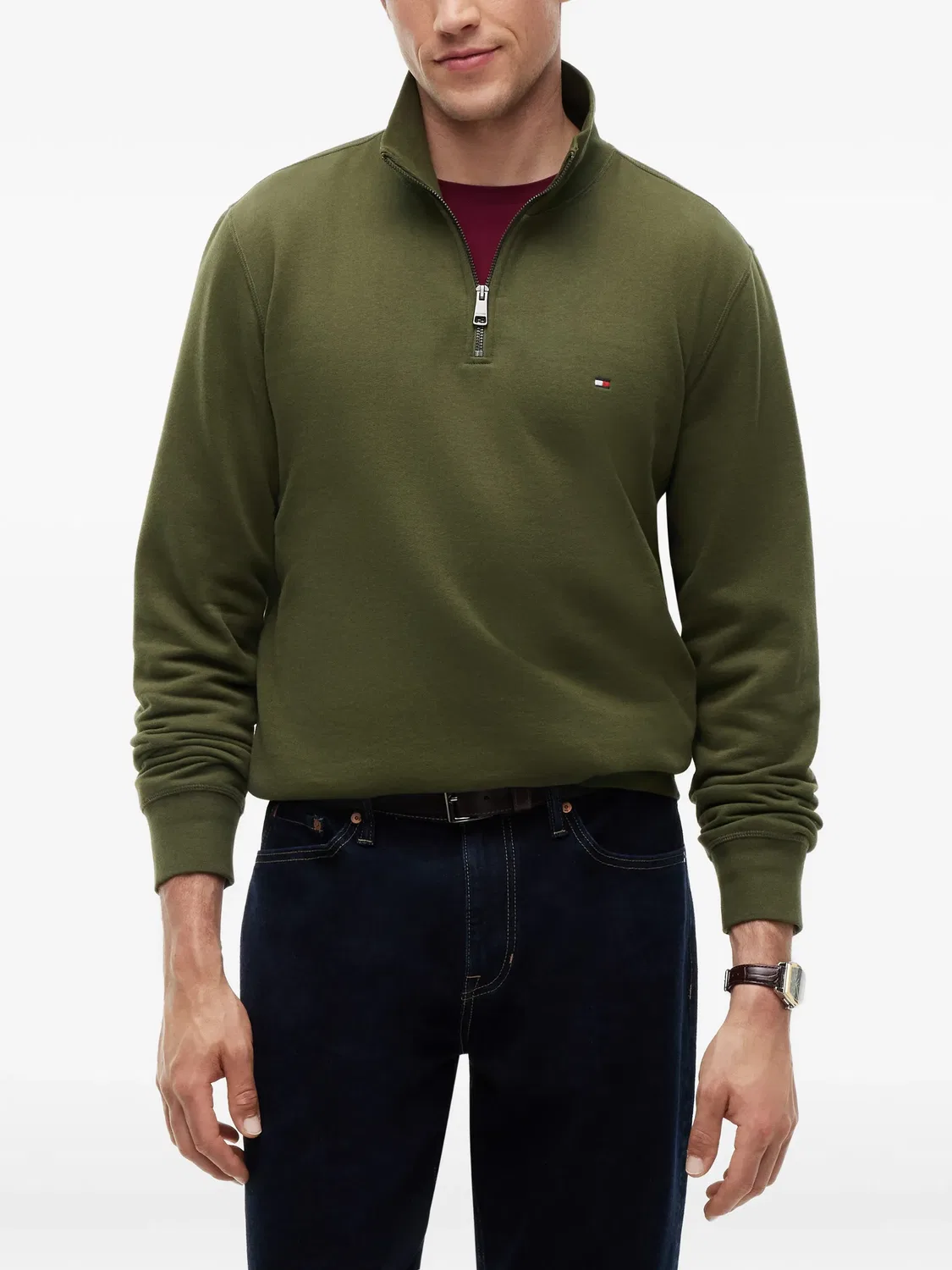 Свитер с вышитым логотипом и застежкой-молнией до середины груди Tommy Hilfiger, зеленый — фото 3