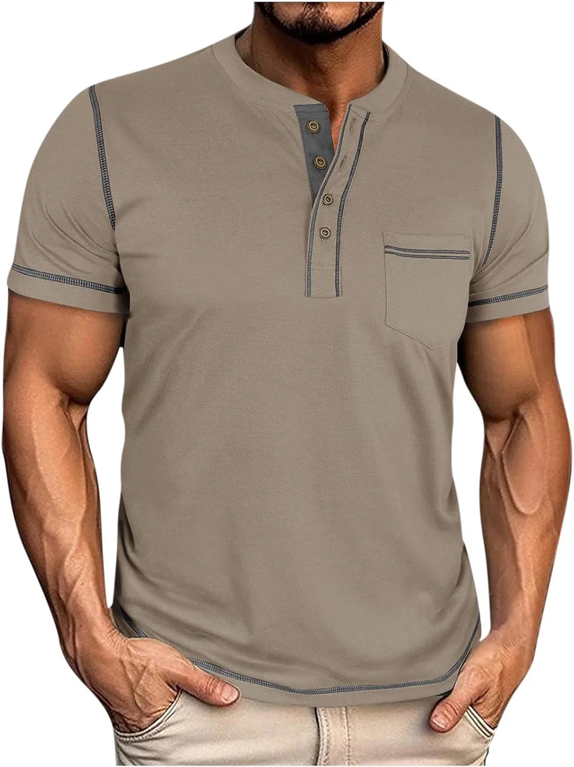 Мужская футболка хенли спортивная Short Sleeve, Khaki