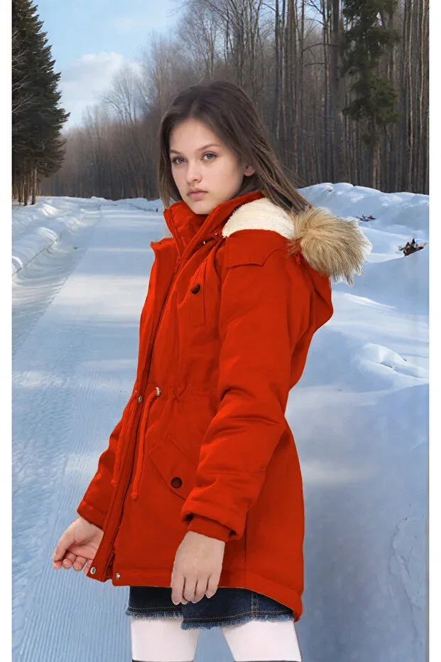 Детское пальто для девочек с капюшоном Waterproof coat with fur inside Joui Co, Tile