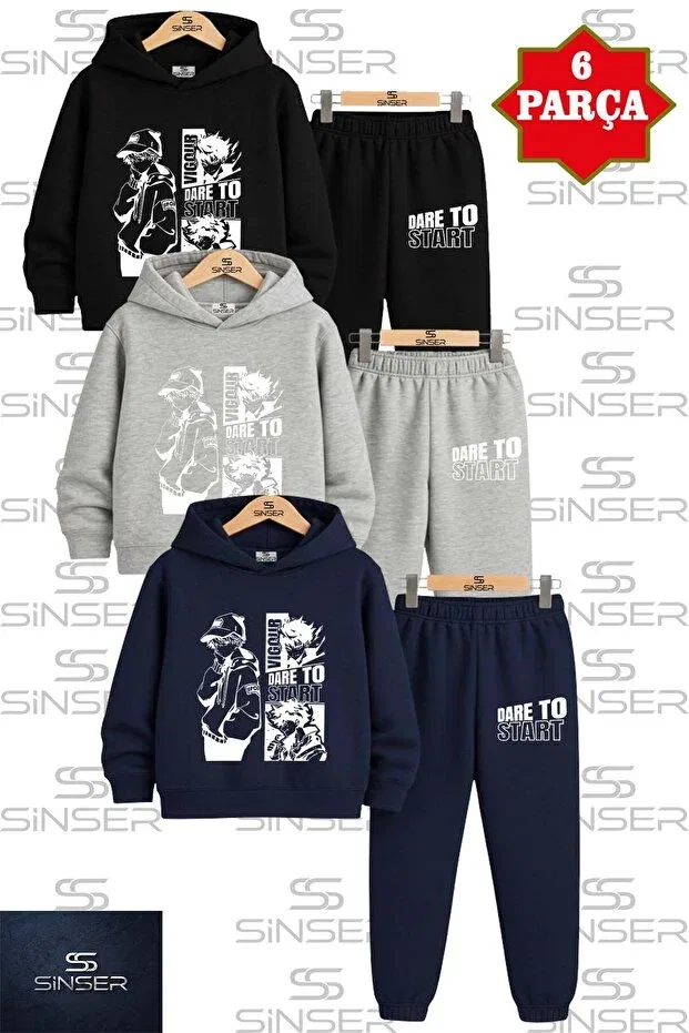 Детский комплект свитшотов и брюк с принтом Dare To Be White Ss Sinser, Siyah - Gray - Navy Blue