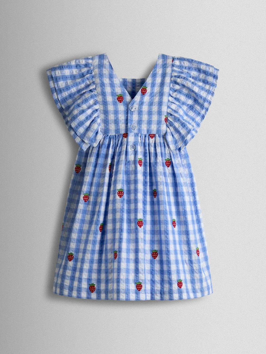 Платье с квадратным вырезом и оборками, Blue Gingham Strawberry Jojo Maman Bébé — фото 3