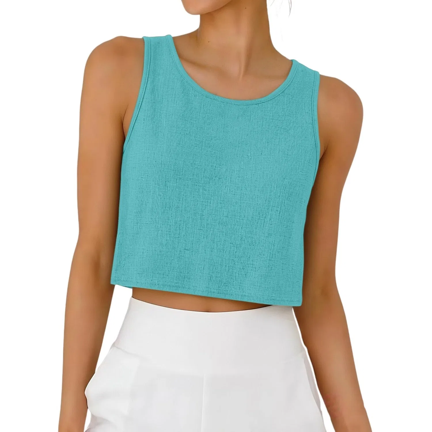 Женский топ без рукавов из хлопка и льна, Mint Green 1 — фото 2
