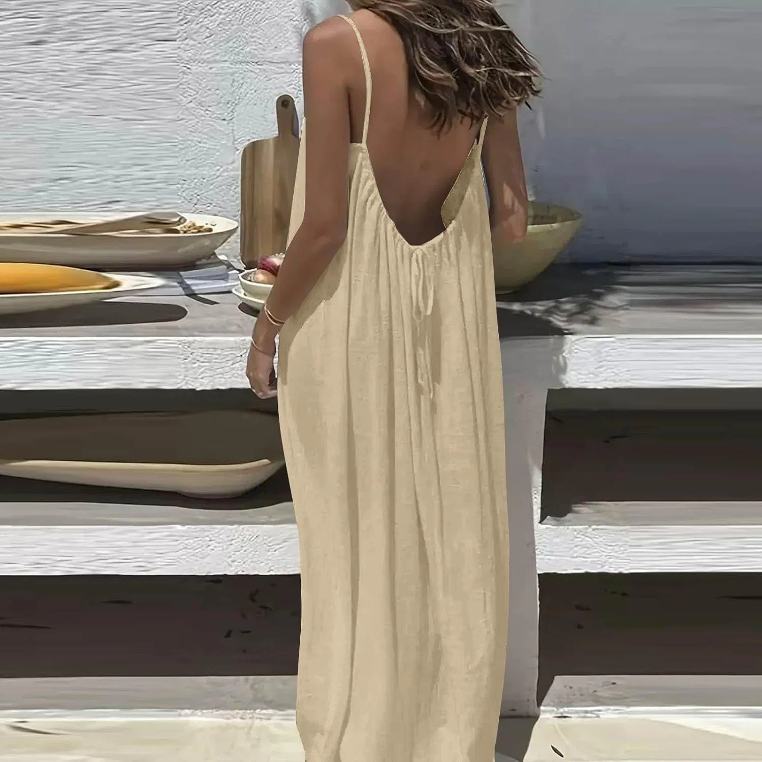 Женское пляжное платье с открытой спиной V-образным вырезом, Beige — фото 3