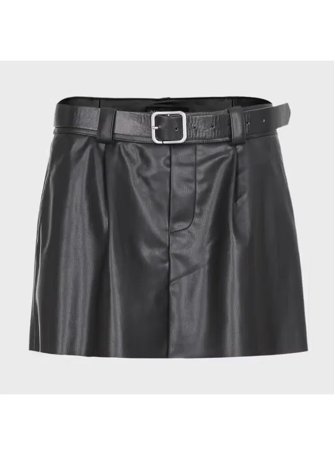 Юбка-трапеция плиссированная мини кожаная Zara, черный — фото 2