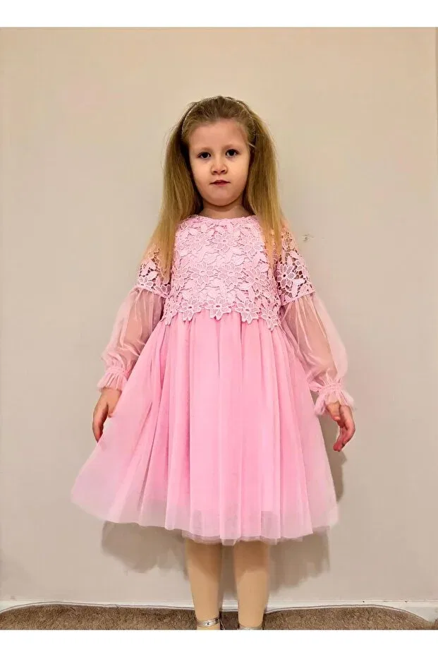 Детское платье для девочек кружевное Long sleeve lace tulle party/birthday/wedding dress Dfn, Pink