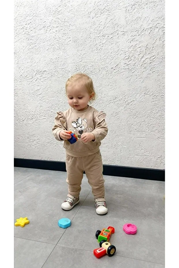 Детский комплект спортивного костюма для девочек с принтом Mini Teddy Bear Gocoland, Beige