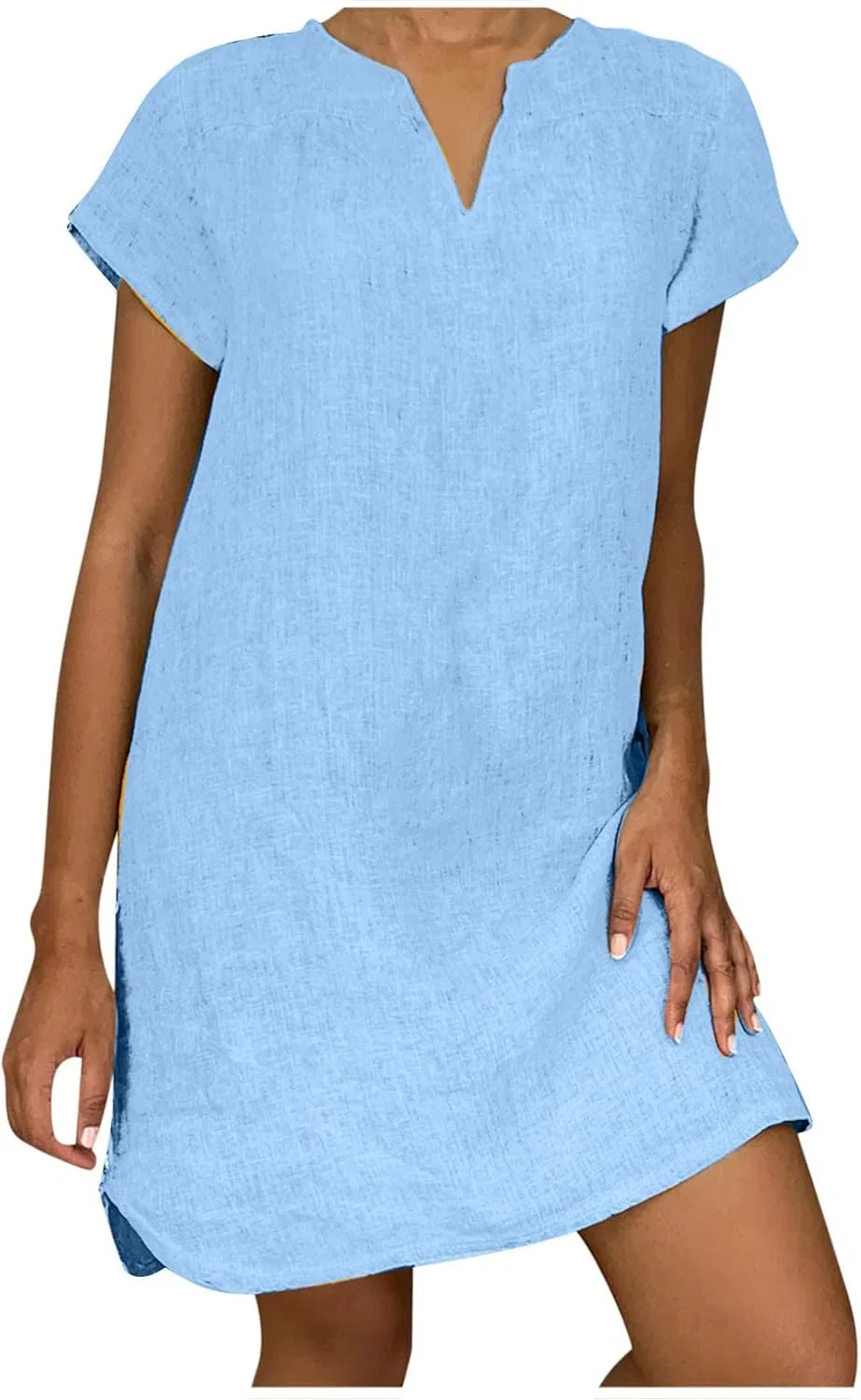 Женское летнее платье из хлопка и льна с V-образным вырезом Generic, Light Blue