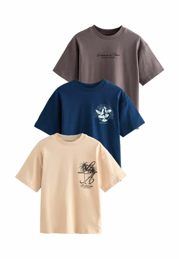 Футболки с коротким рукавом 3 шт, хлопок, Print T-shirt, Next, Navy, Stone, Brown, темно-синий/коричневый