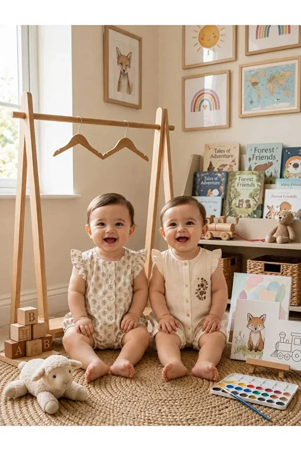 Детский комбинезон для девочек хлопковый 2-предметный набор 2. Unez Baby Girl Muslin Jumpsuit Set Ruffle Sleeve Cotton Summer Bambino, Beige — фото 3
