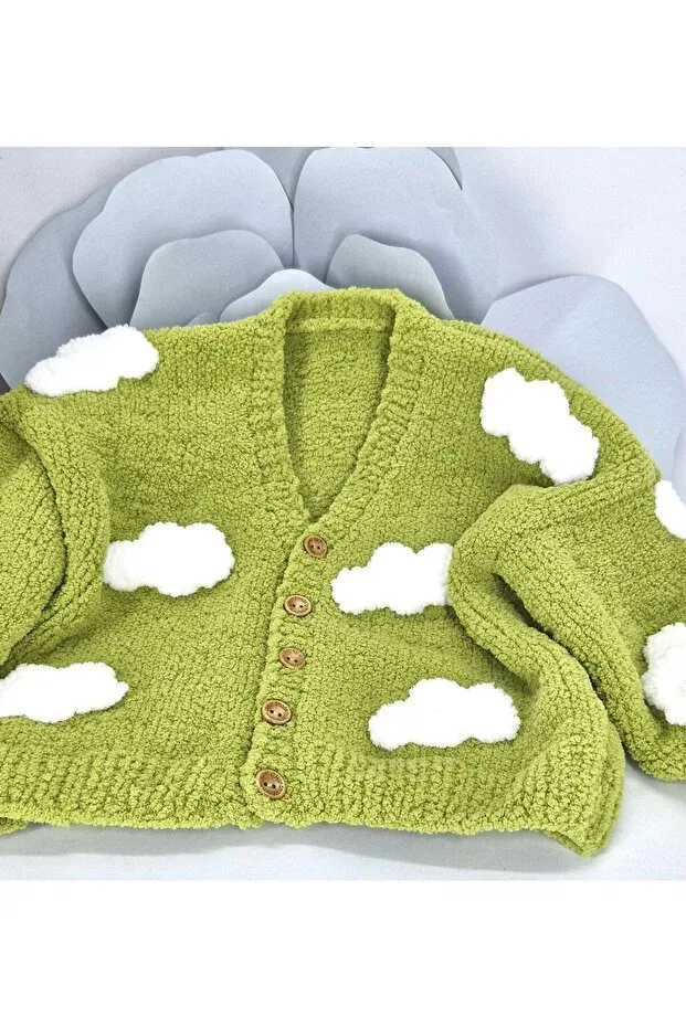 Детский кардиган с длинным рукавом Hand knitted soft plush cloudy unisex children's cardigan Evitle, Green — фото 3