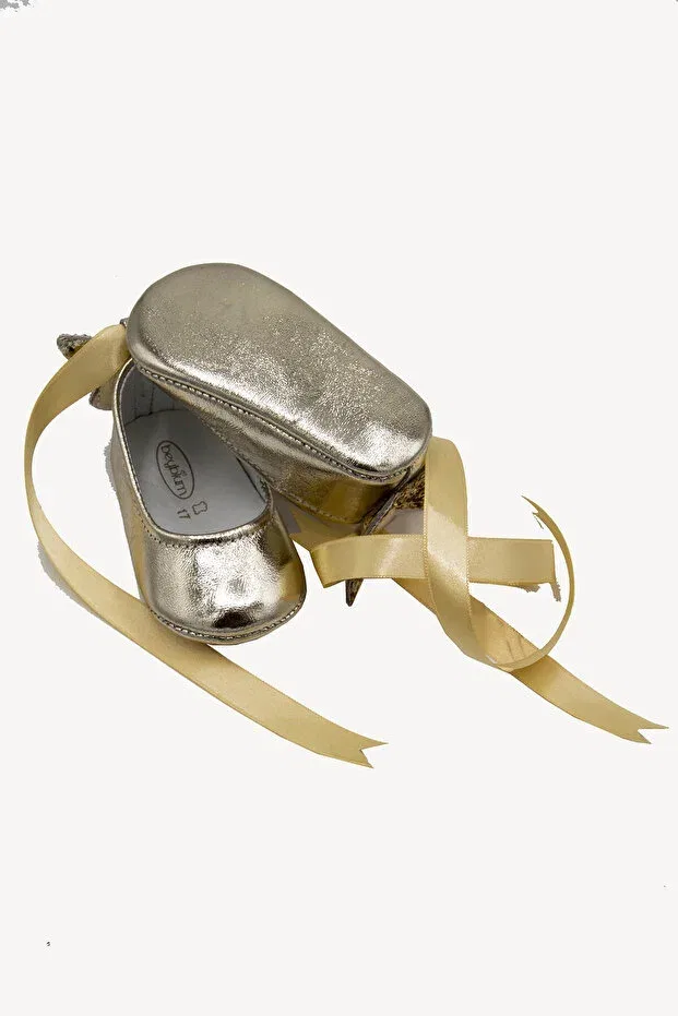 Детские балетки из натуральной кожи с принтом Beybium, Gold — фото 3