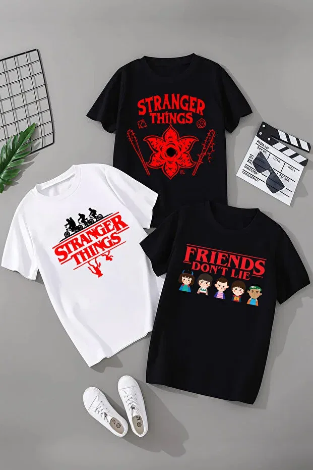 Детский комплект футболок для девочек с принтом Stranger Things Magors, Black-White-5