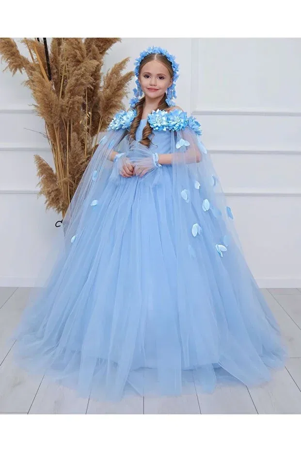 Детское платье для девочек с длинным рукавом Graduation evening dress children's tarlatanlı-buckle_gloves Sila, Blue