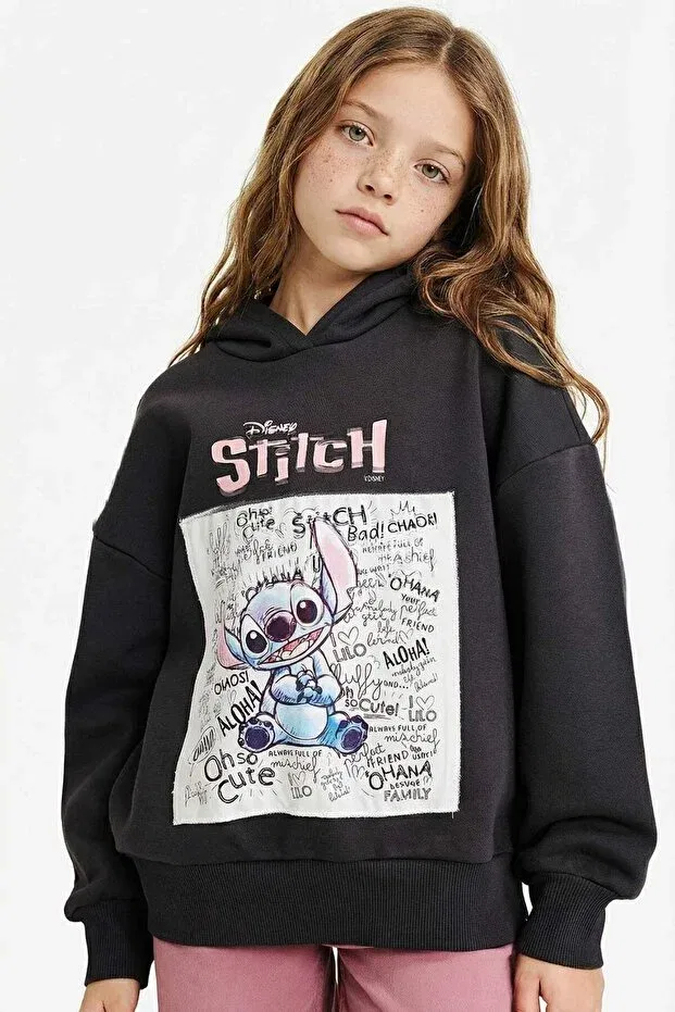 Детские свитшот для девочек оверсайз с принтом Disney Lilo & Stitch Oversize Wide Fit Hooded Soft Fleece Defacto, Anthracite-Ar1
