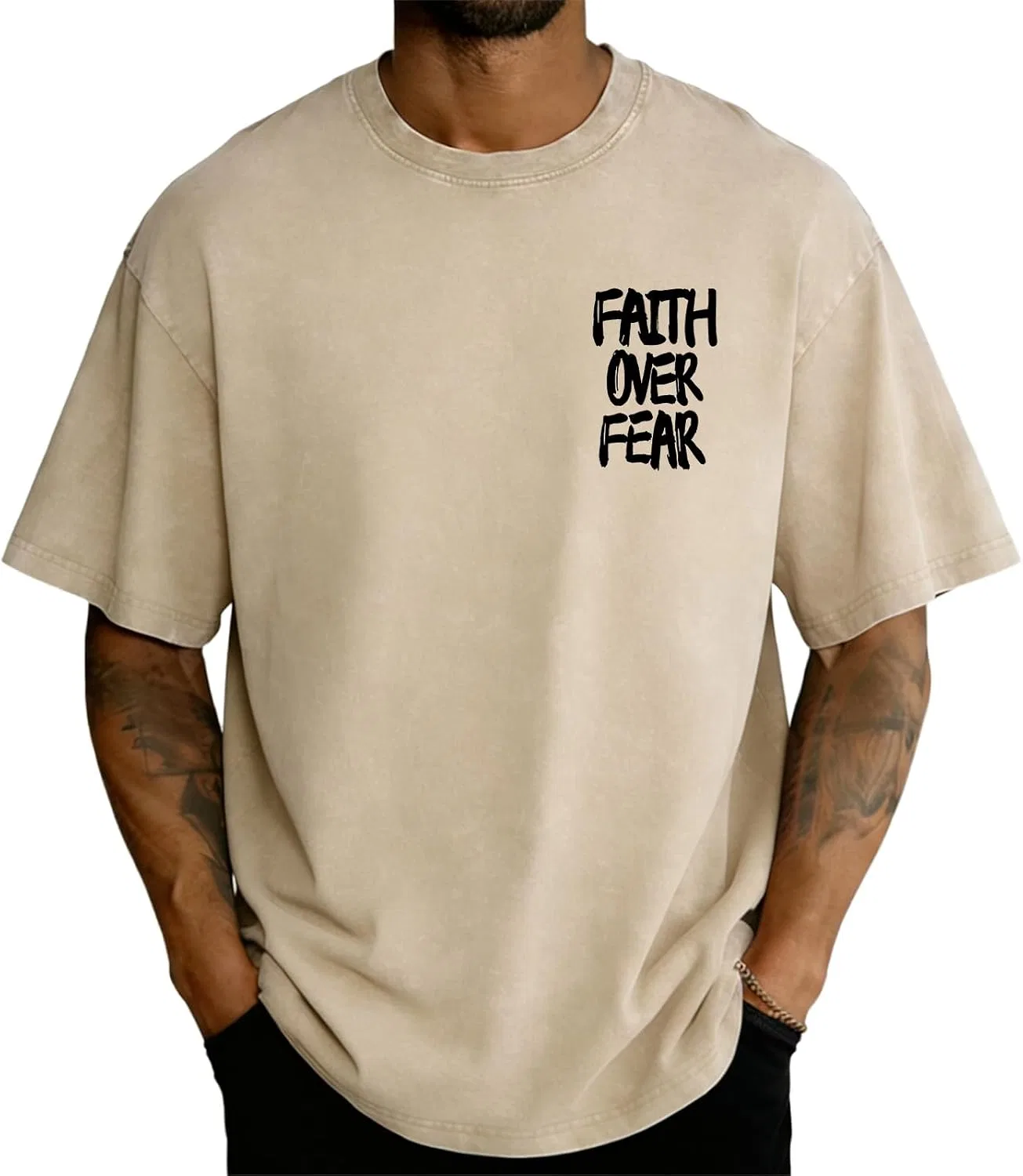 Мужская футболка с принтом Faith Over Fear, хаки — фото 2