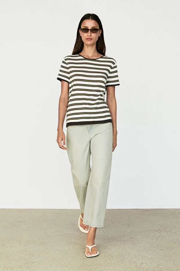 Женская футболка с полосками с коротким рукавом Massimo Dutti, Khaki — фото 2