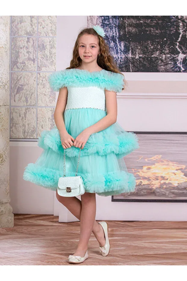 Детское платье из фатина для девочек без рукавов Süslü Pink Kids, Water Green