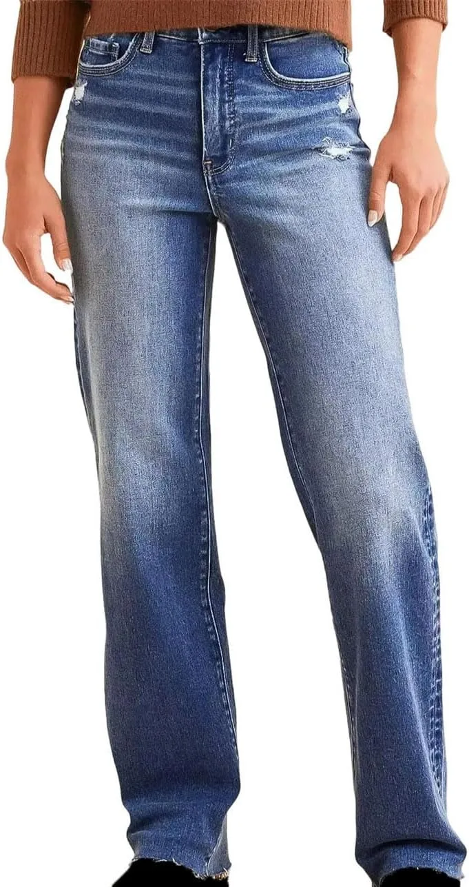 

Женские синие джинсы прямого кроя slim fit потертые