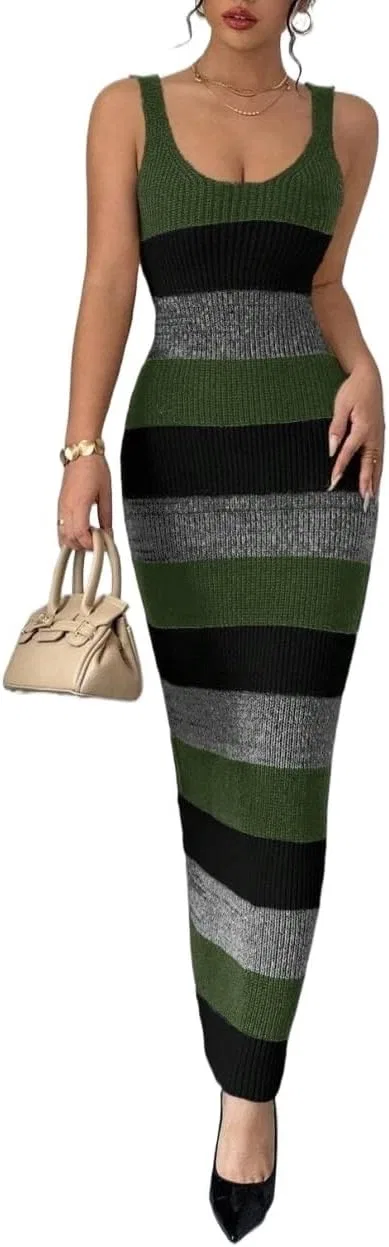 Женское трикотажное платье-свитер полосками Slimming Fit, Green