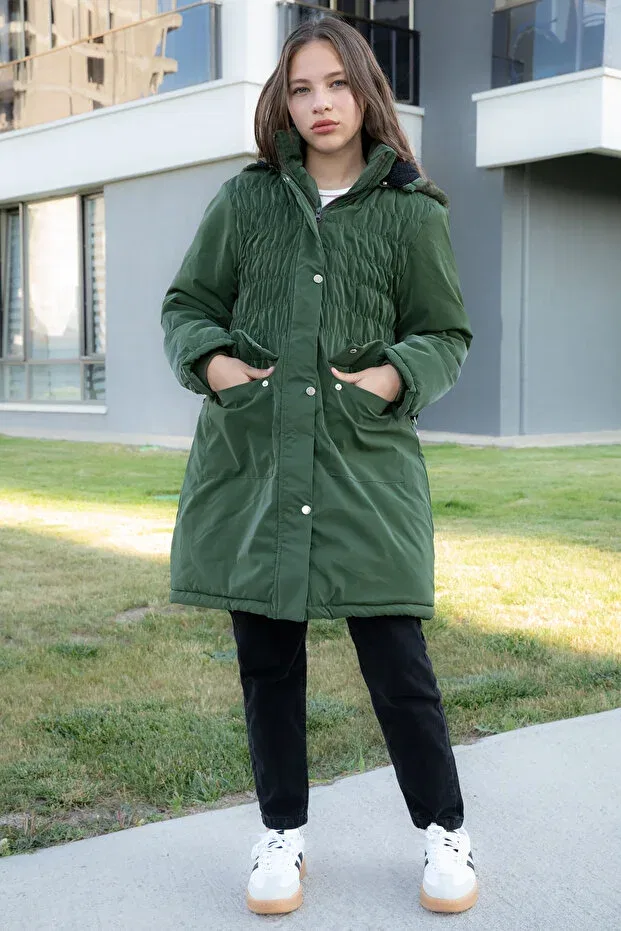 Детское зимнее пальто для девочек пуховое с капюшоном Khaki Belted Nubuck Fabric Fur Lined Hooded Down Coat Cansın Mini, Khaki