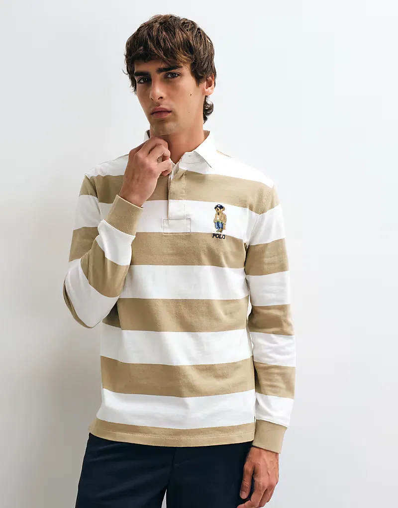 Регбийная рубашка Polo Ralph Lauren с логотипом медведя, бежево-белого — фото 3