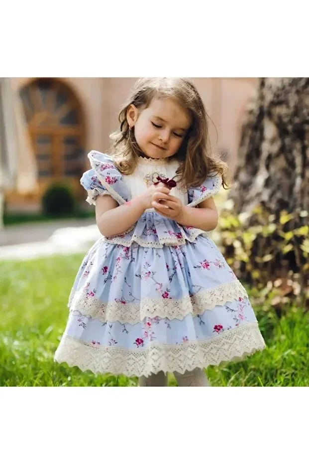 Детское кружевное платье для девочек с коротким рукавом Linarookids, Blue — фото 2