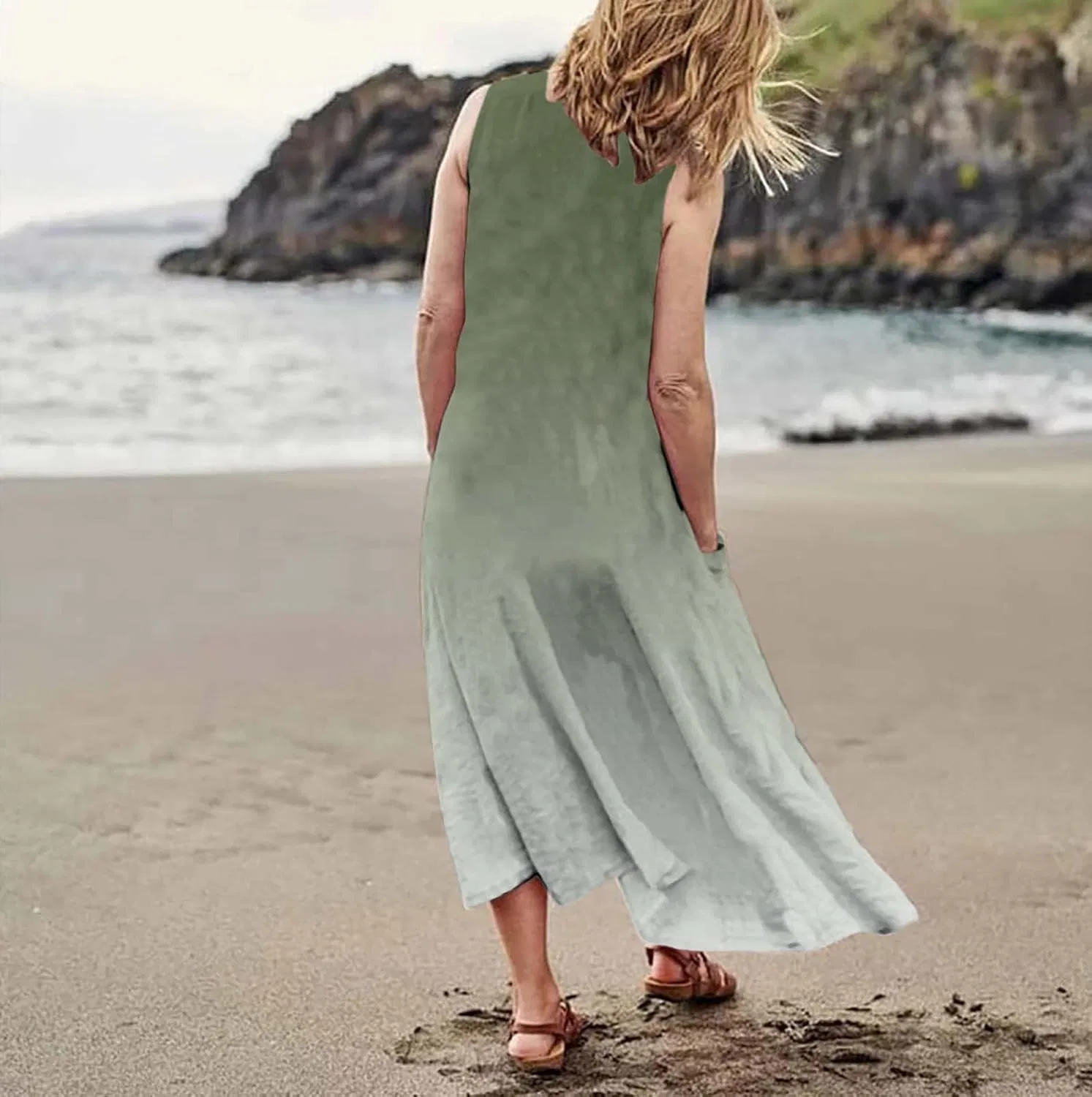 Женское летнее сарафан-макси богемный Cotton Linen Long Dress, Green — фото 3