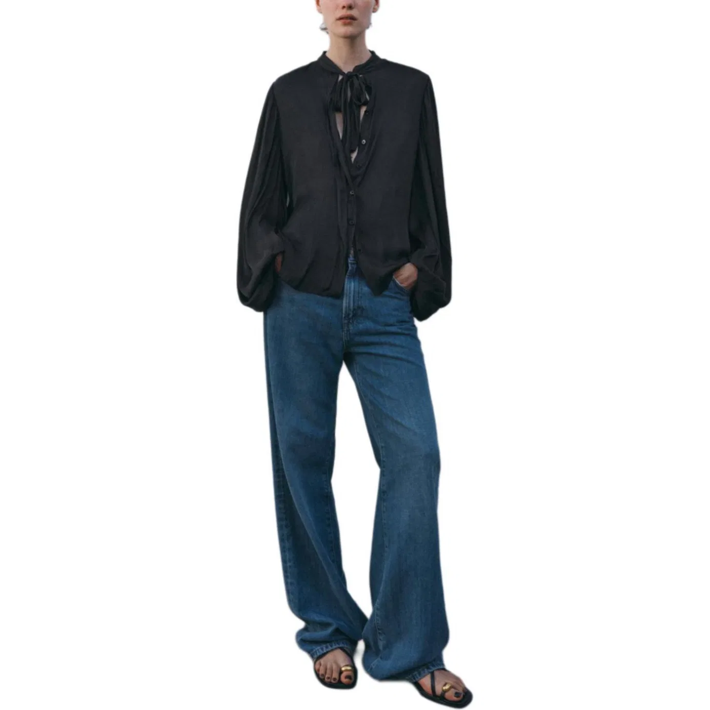Женская рубашка с круглым вырезом ZARA, Black — фото 4